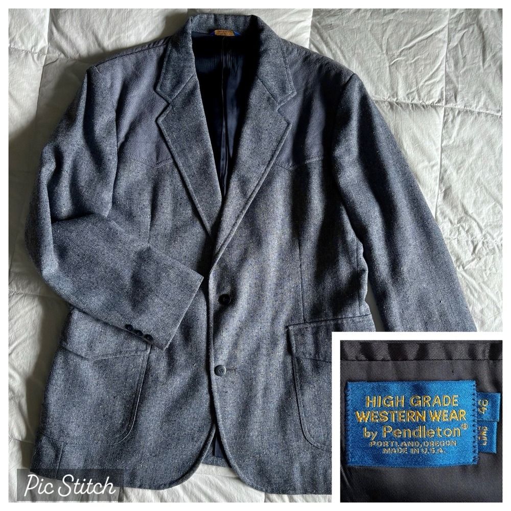 Vtg 70s High Grade Western Wear Pendleton Wool Tweed Blazer Suede Mens 46L Gray